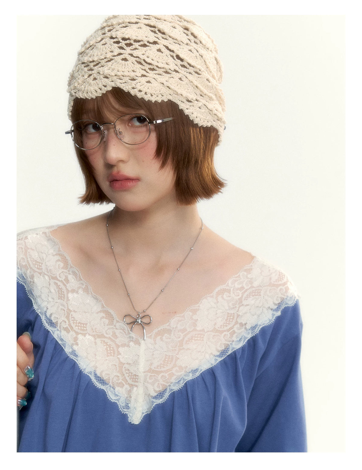 Classic Blue Lace V-Neck Long-Sleeve Top