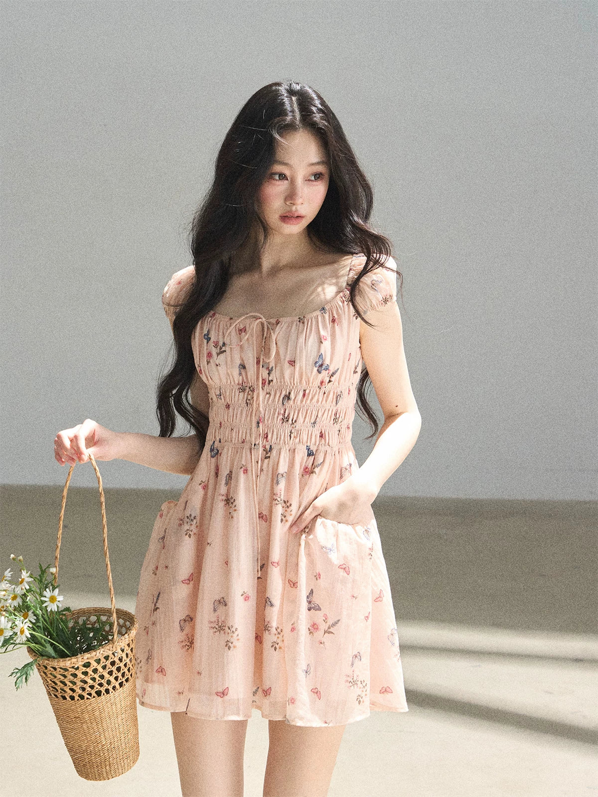 "A Meadow of Dreams" Dutch Cream Ruched Babydoll Mini Dress