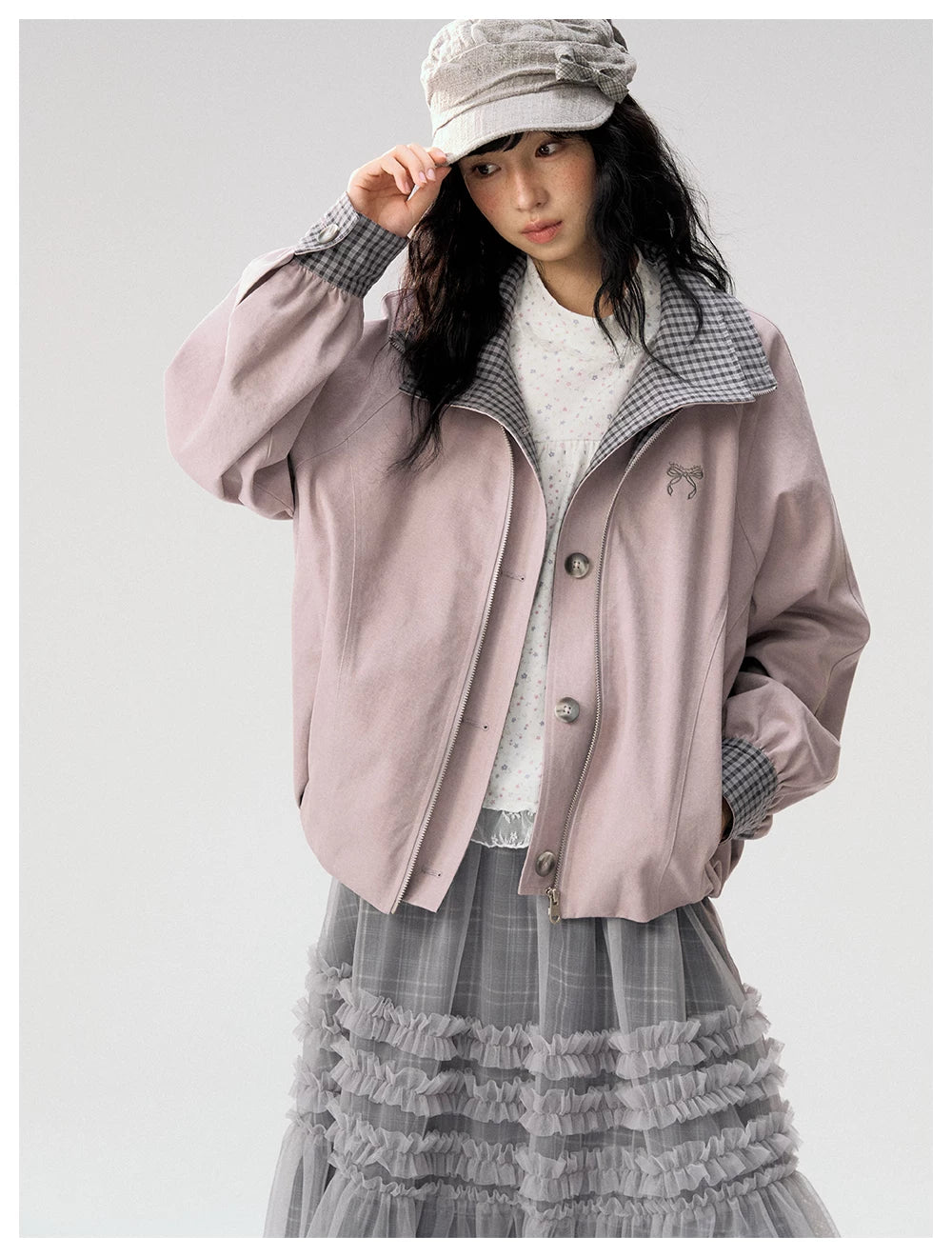 [CAN] "Lavender Plaid Notes" Dusty Purple Plaid Double Collar Cropped Jacket