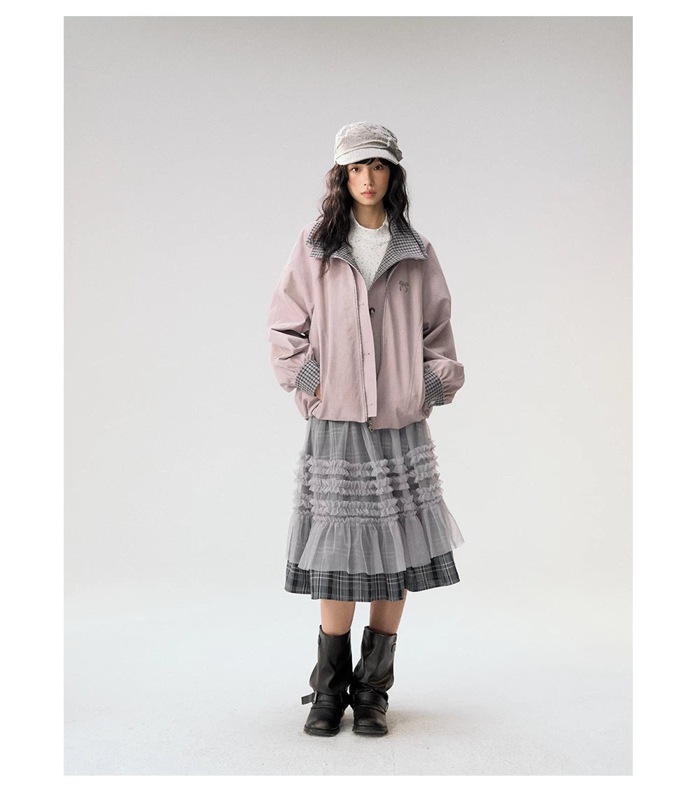 [CAN] "Lavender Plaid Notes" Dusty Purple Plaid Double Collar Cropped Jacket