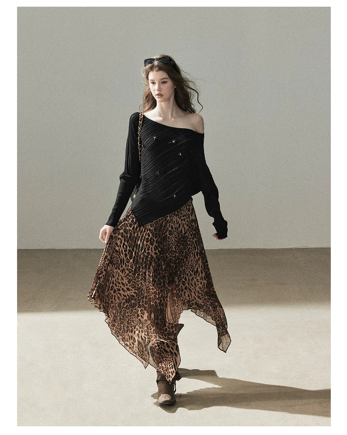 AOMALM - “Cocoa Leopard” Pleated Asymmetric Midi Skirt