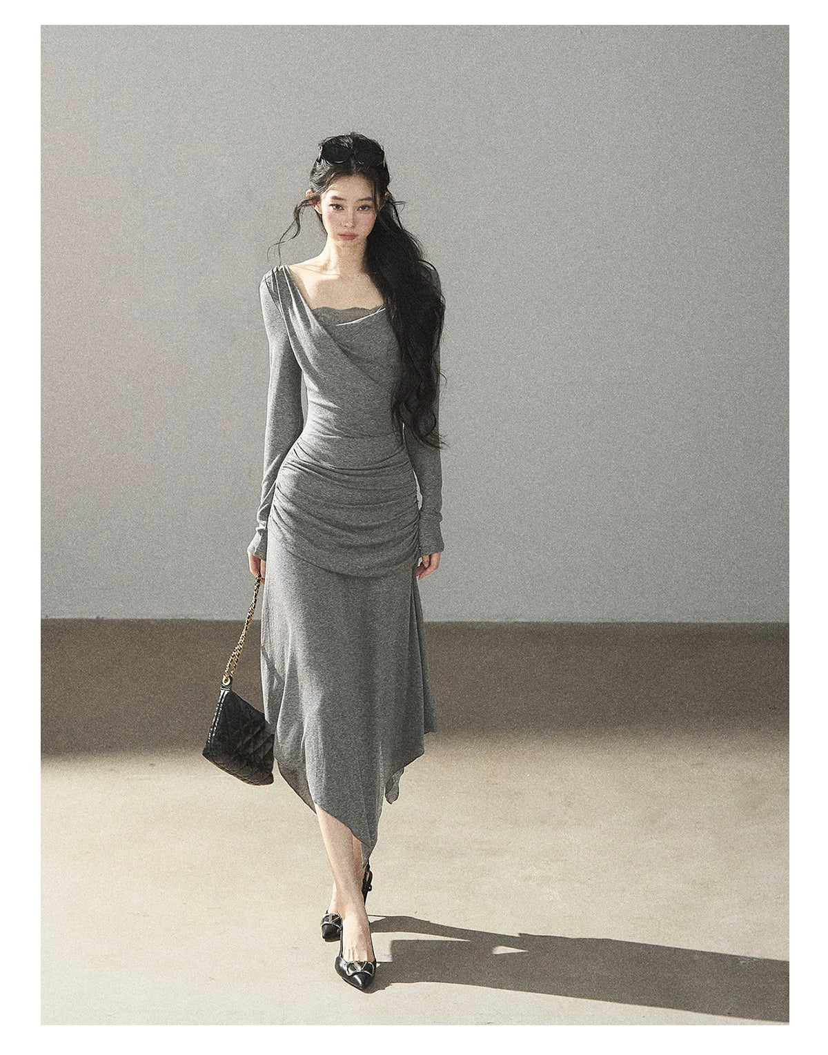 AOMALM - "Still River Cove" Cloud Mist Gray French-Inspired Lace Maxi Dress