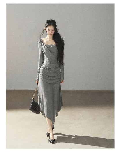 AOMALM - "Still River Cove" Cloud Mist Gray French-Inspired Lace Maxi Dress