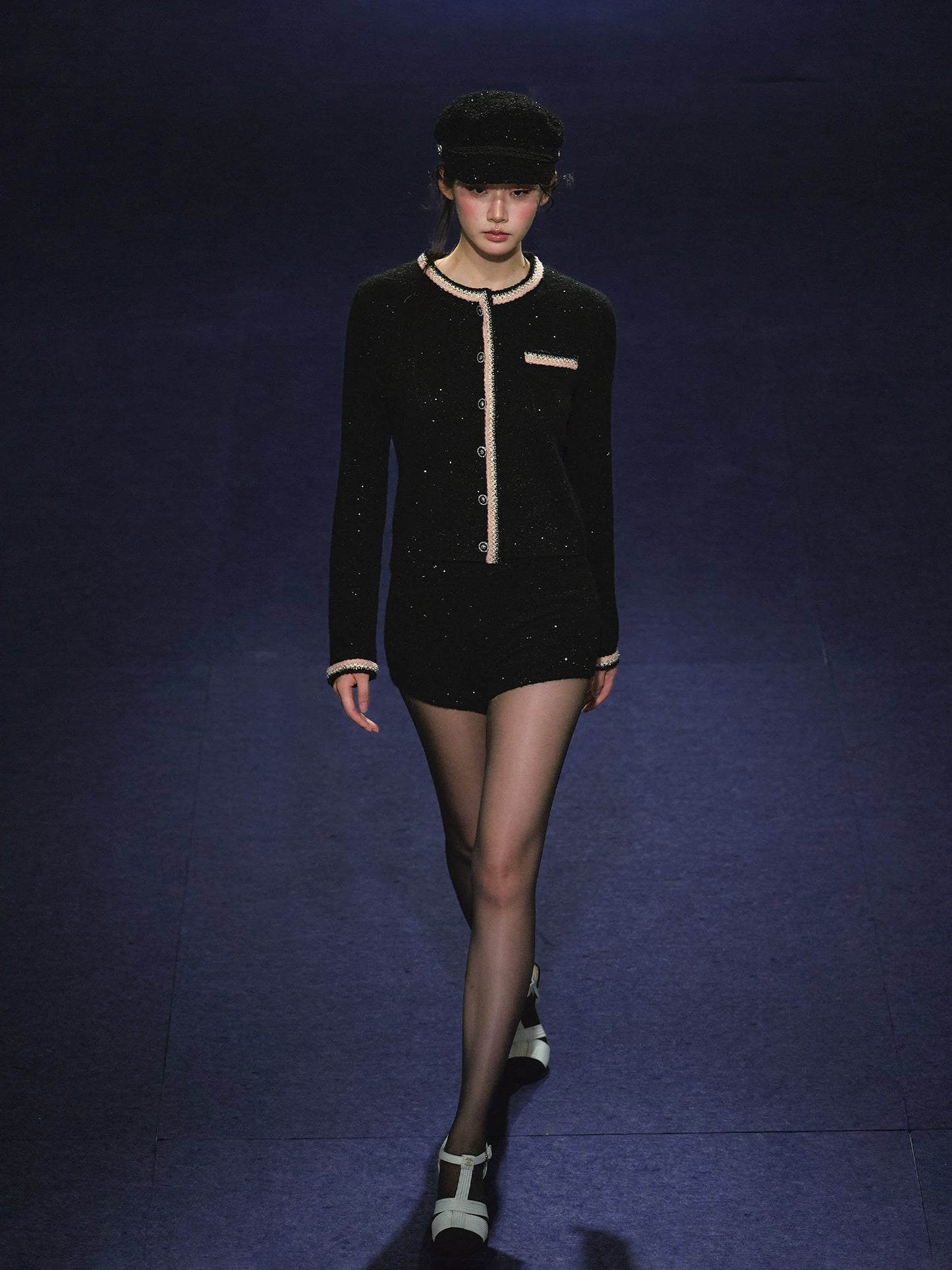 "Starlit Heiress" Black Shimmer Contrast Knit Cardigan & Shorts Set
