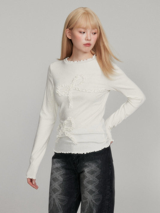 “Cozy Winter Speckled Bow” Lenzing Lyocell Long-Sleeve Base Top - Cream White M6669