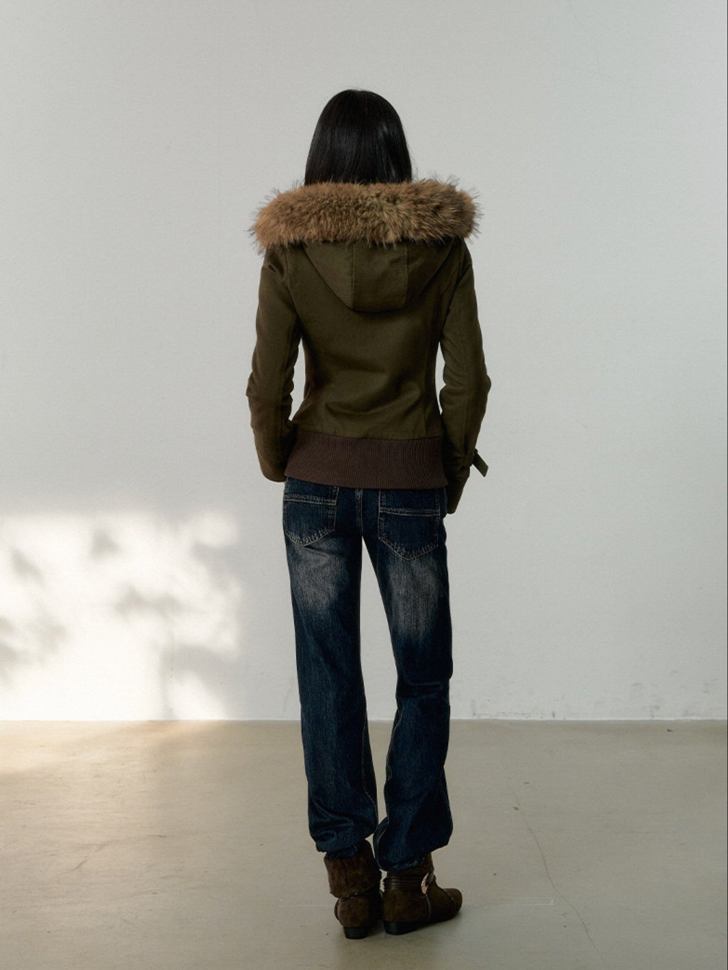 Soote Season - “Vintage Hourglass” Faux Fur–Lined Hooded Waist-Cinched Cotton Jacket - Military Green