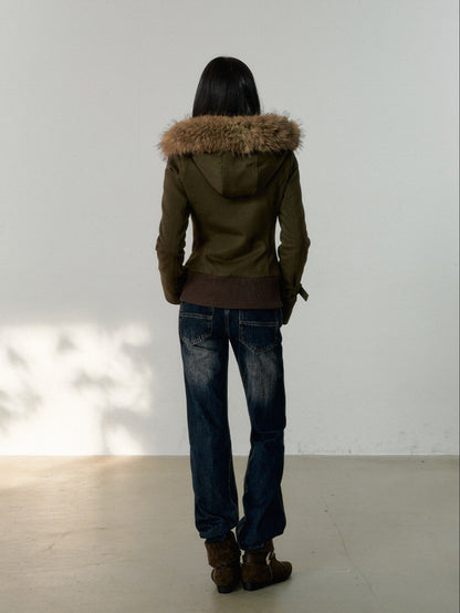 Soote Season - “Vintage Hourglass” Faux Fur–Lined Hooded Waist-Cinched Cotton Jacket - Military Green