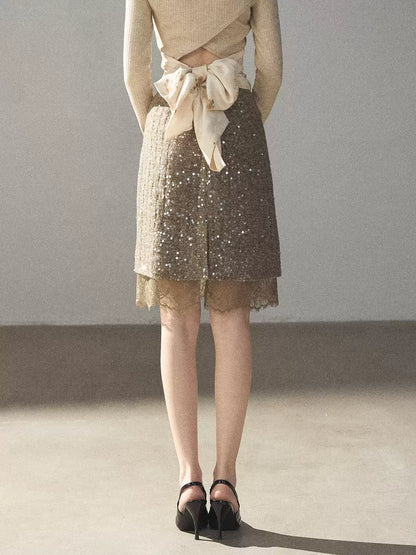 AOMALM - Gray Taupe Brown Sequin Lace Midi Skirt