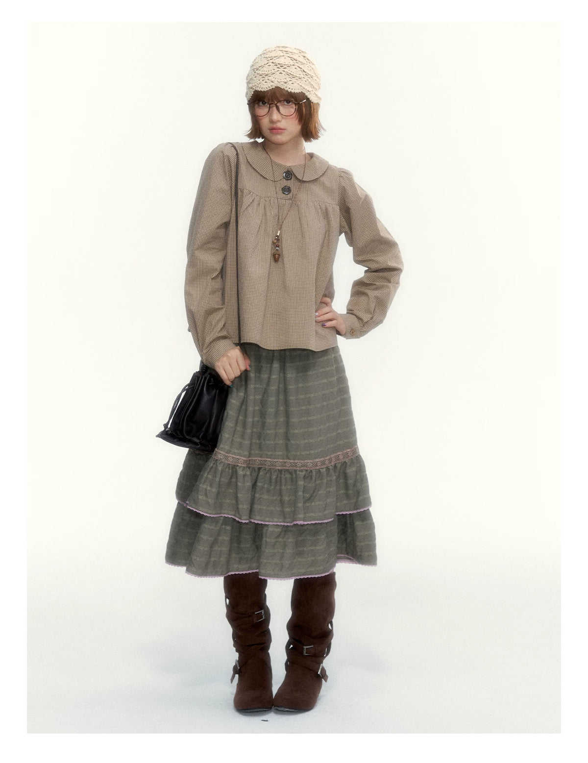 Dried Grass Green Vintage Lace Tiered A-Line Skirt
