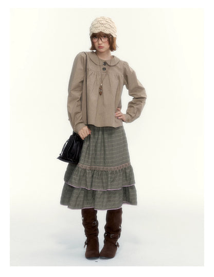 Dried Grass Green Vintage Lace Tiered A-Line Skirt