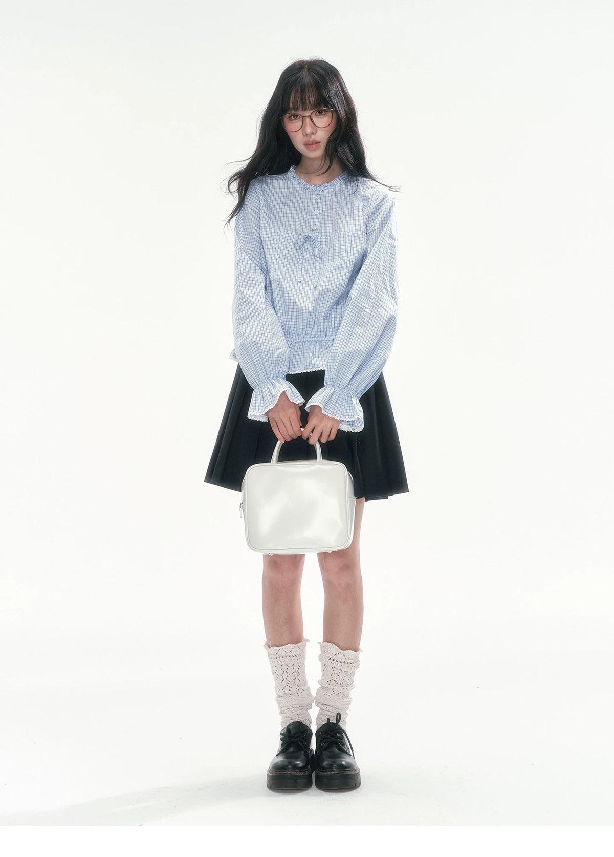 [CAN] Blue Plaid Lace-Trim Bow Tie Blouse