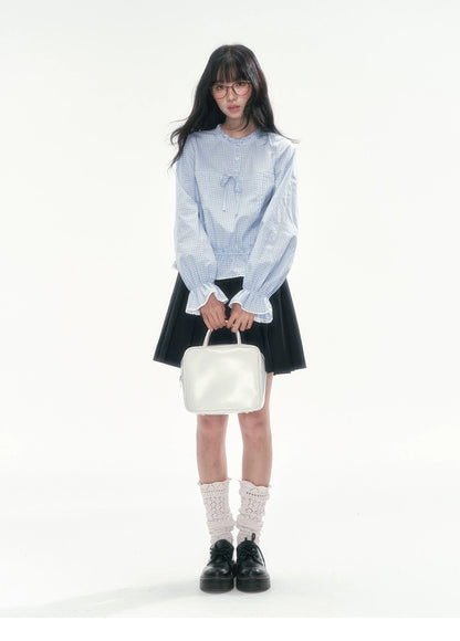 [CAN] Blue Plaid Lace-Trim Bow Tie Blouse