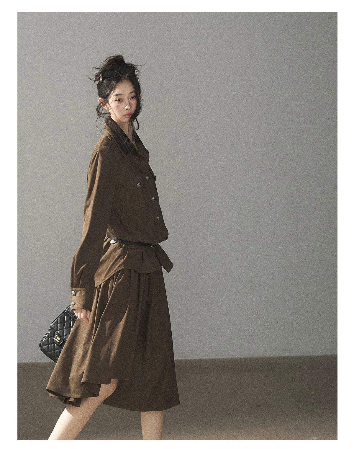 AOMALM - Terracotta Brown Shirt & Pleated Mini Skirt Set (With Belt)