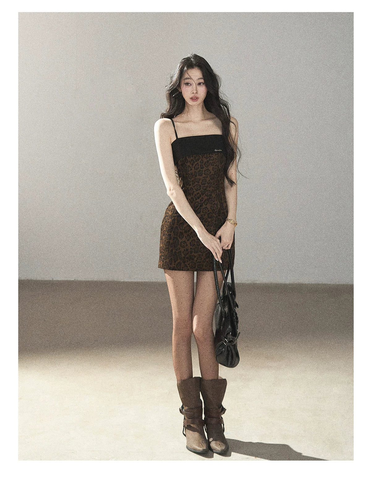 AOMALM - "Wildland Reverie" Slate Brown Leopard Print Fitted Cami Dress & Obsidian Black Shawl