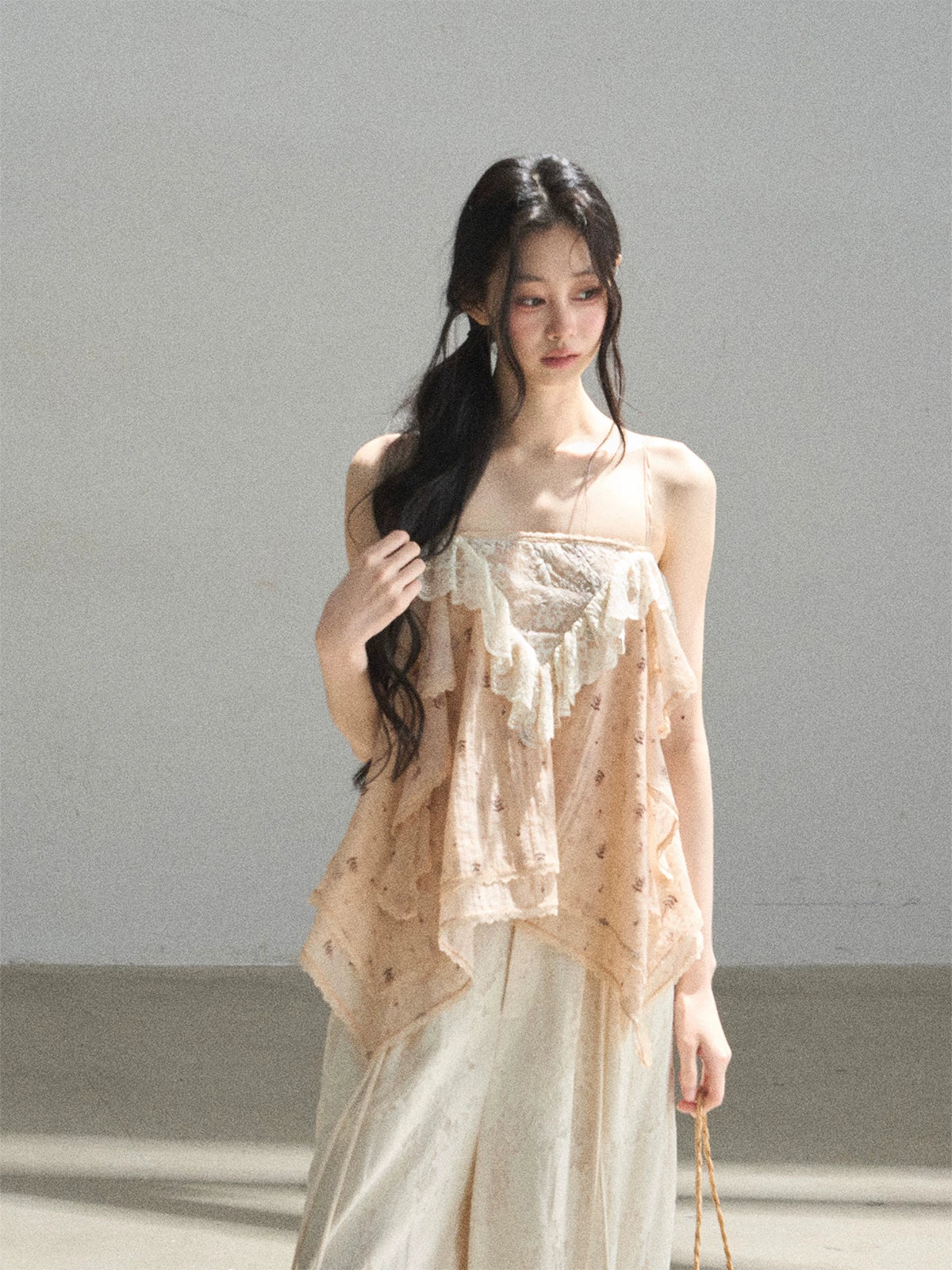 "Orange-Scented Dusk" Toasted Rice Beige Asymmetrical Lace Cami