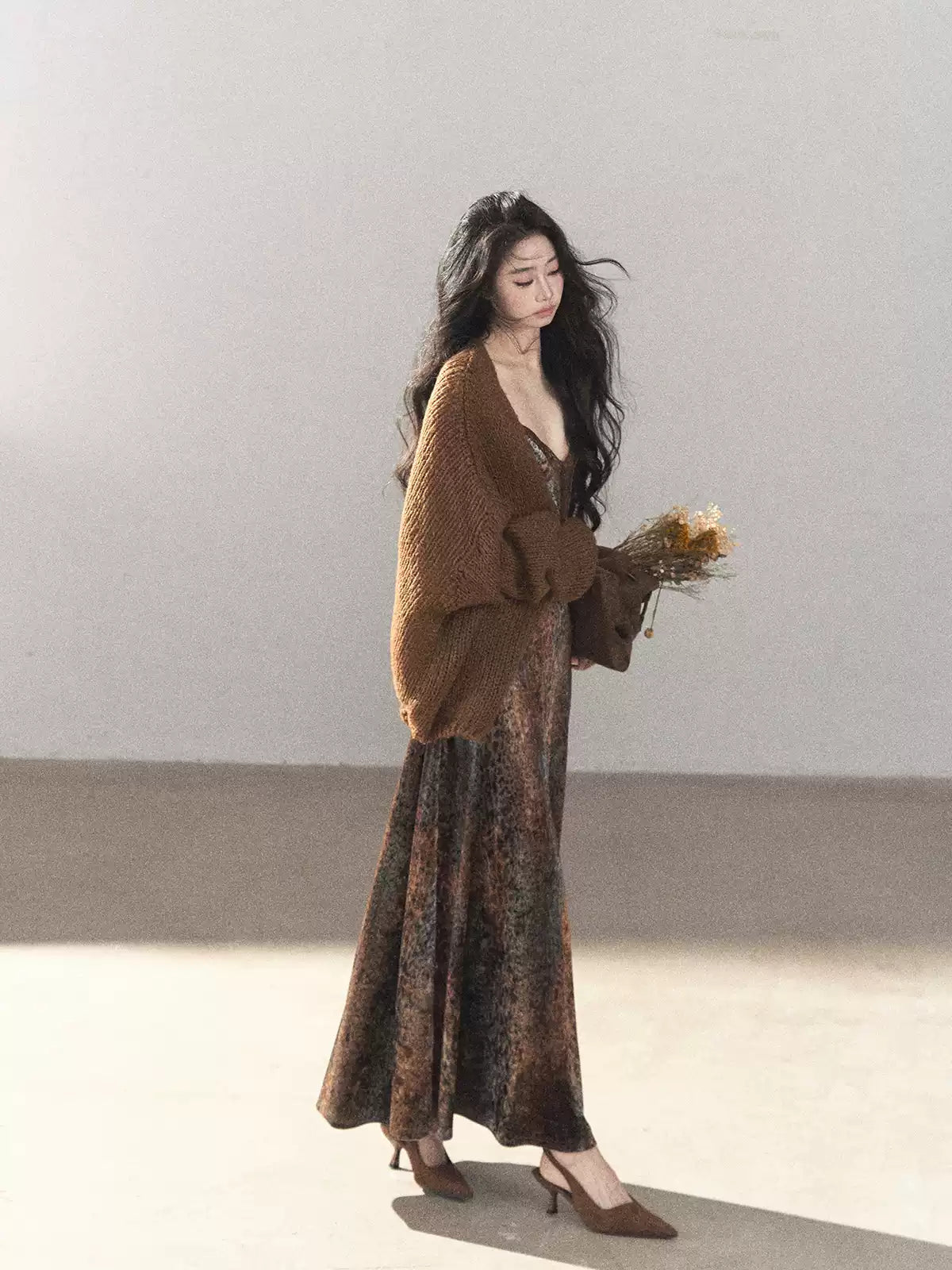 AOMALM - "Draped in Wild Wind" Cocoa Brown Leopard Flocked Bias-Cut Mermaid Maxi Dress (With Matching Hair Tie)
