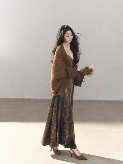 AOMALM - "Draped in Wild Wind" Cocoa Brown Leopard Flocked Bias-Cut Mermaid Maxi Dress (With Matching Hair Tie)