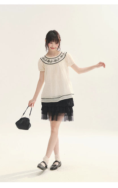 "Toasted Cookie" Yellow Flower Rope Embroidery Babydoll Top