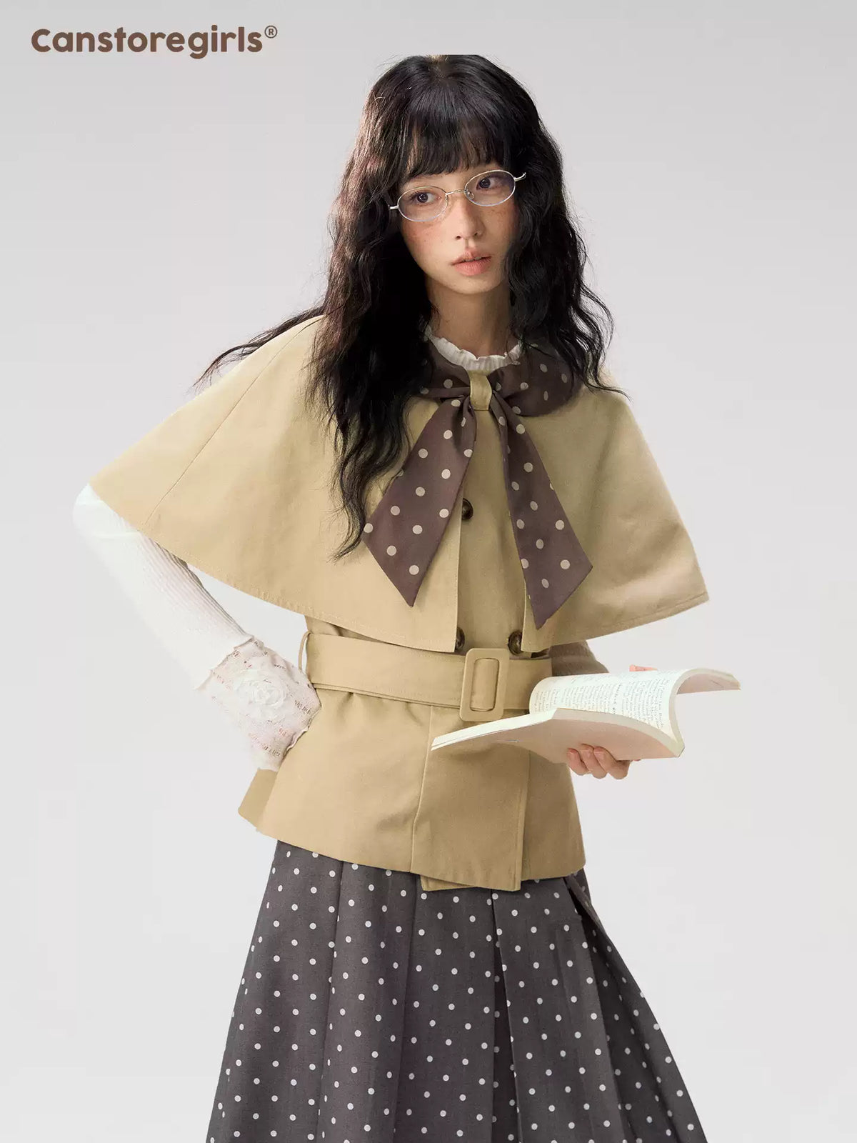 [CAN] “Misty Dot” Gray Polka Dot Pleated A-Line Midi Skirt
