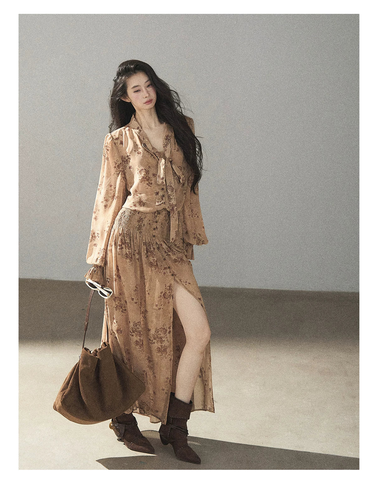 AOMALM - Oatmeal Rose-Print Chiffon Layered Maxi Dress Set