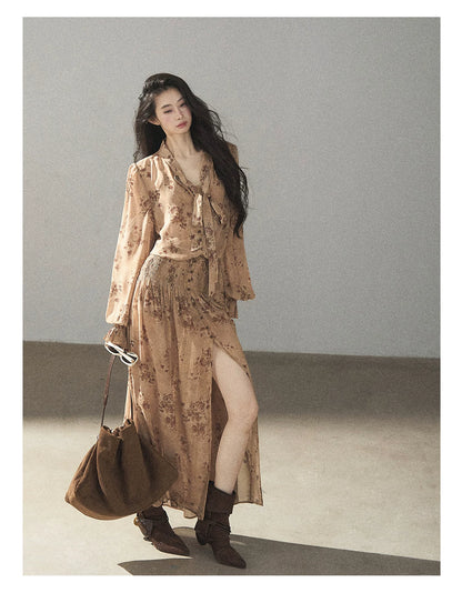 AOMALM - Oatmeal Rose-Print Chiffon Layered Maxi Dress Set