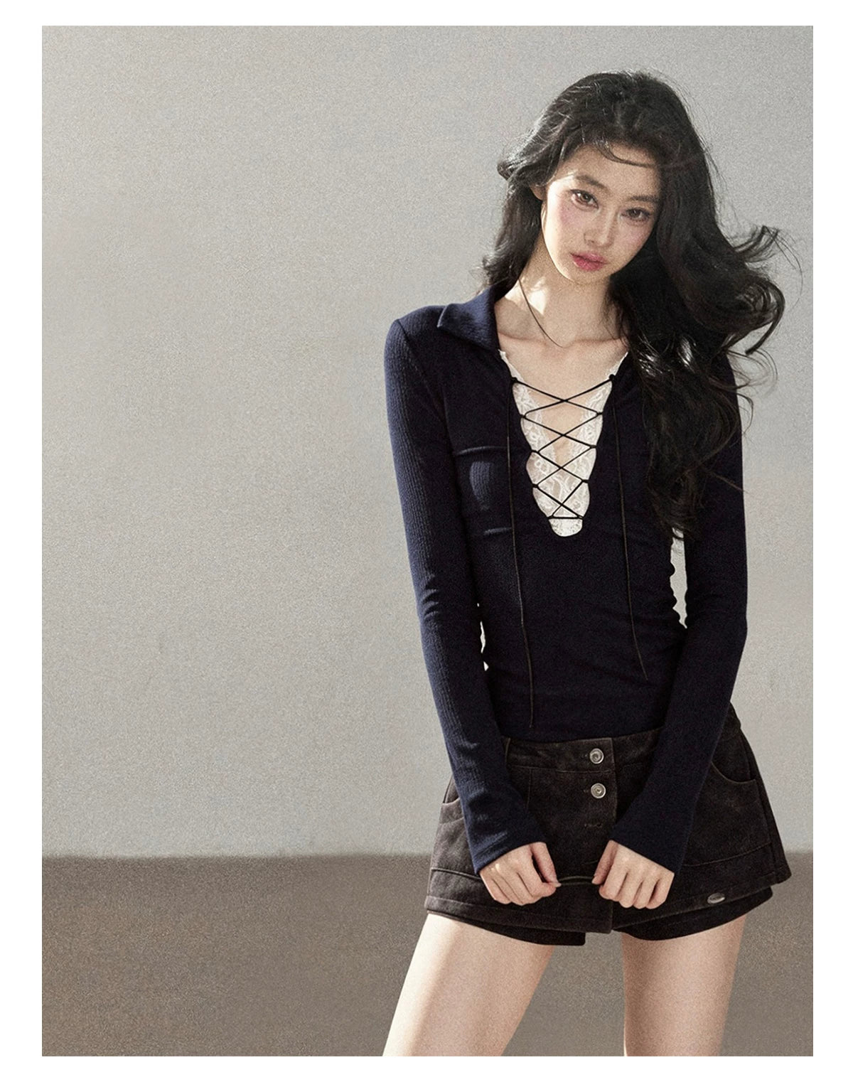 AOMALM - "Soft Interlude" Navy Blue Korean Lace Knit Cropped Top with Tie
