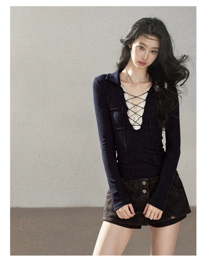 AOMALM - "Soft Interlude" Navy Blue Korean Lace Knit Cropped Top with Tie