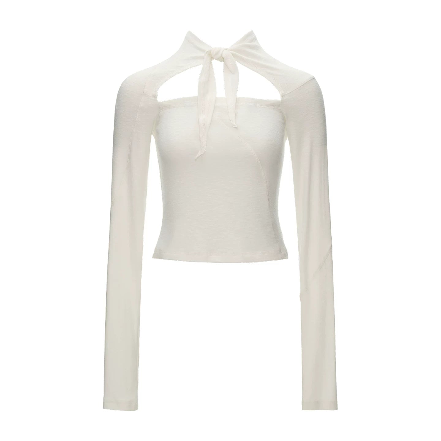 Lace-Up Cutout Waist-Sculpt Long Sleeve Top (Black/ White)