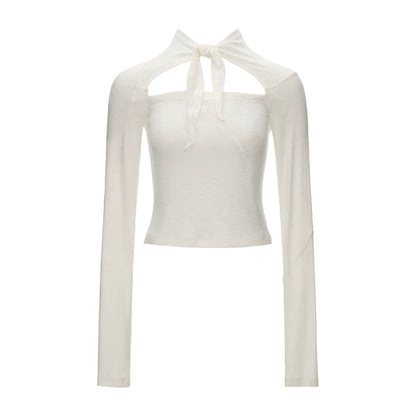Lace-Up Cutout Waist-Sculpt Long Sleeve Top (Black/ White)