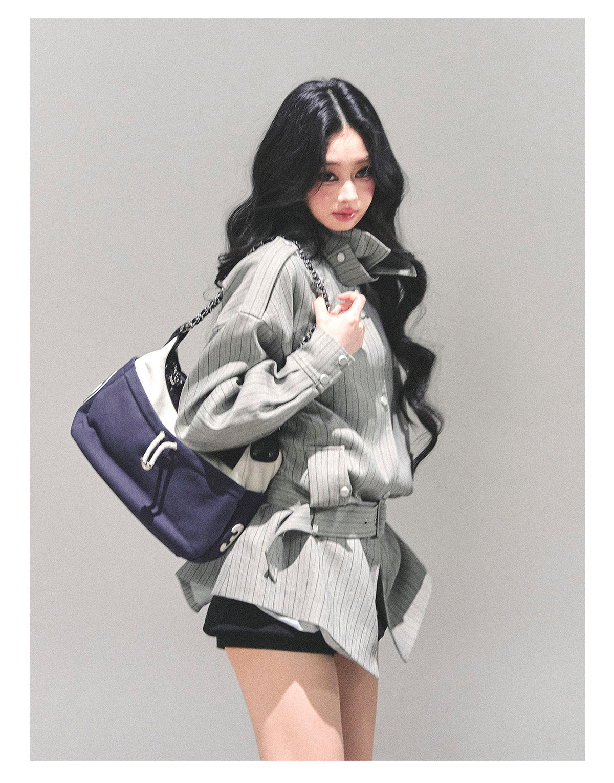 少也眼 “St. Martin Academy” French-British Striped High-Neck Jacket with Belt – Gray 94161