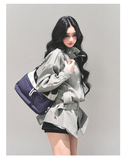 少也眼 “St. Martin Academy” French-British Striped High-Neck Jacket with Belt – Gray 94161
