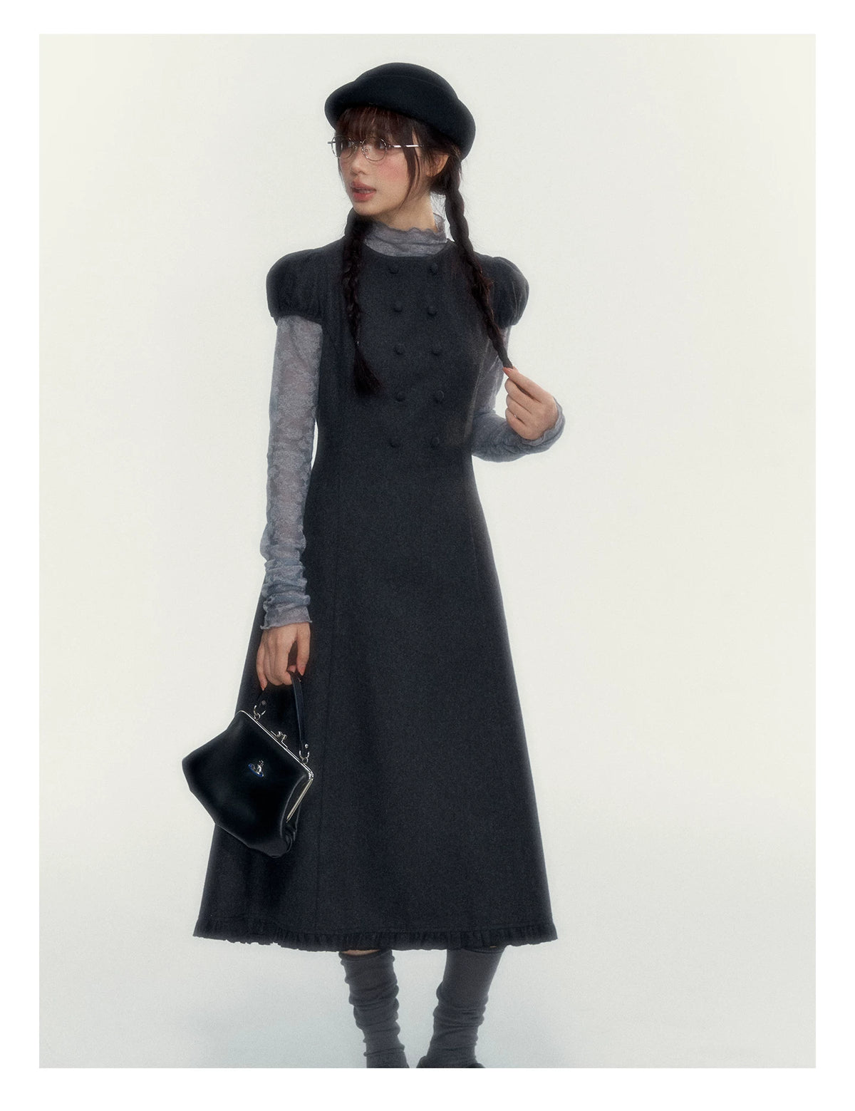Vintage Double-Breasted Wool Dress & Knit Fringe Cape Set