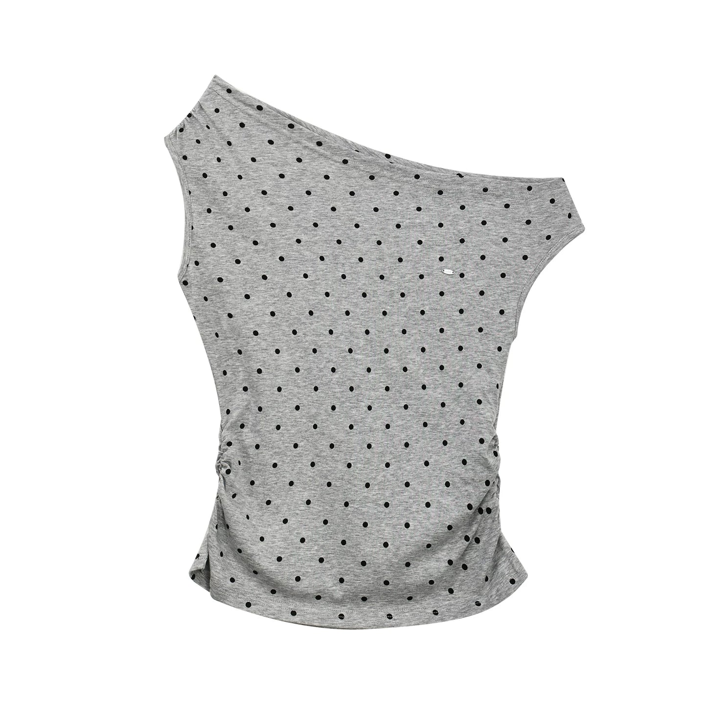 "Polished Departure" Polka Dot Off-Shoulder Ruched T-Shirt (White, Gray)