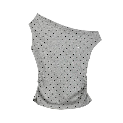 "Polished Departure" Polka Dot Off-Shoulder Ruched T-Shirt (White, Gray)