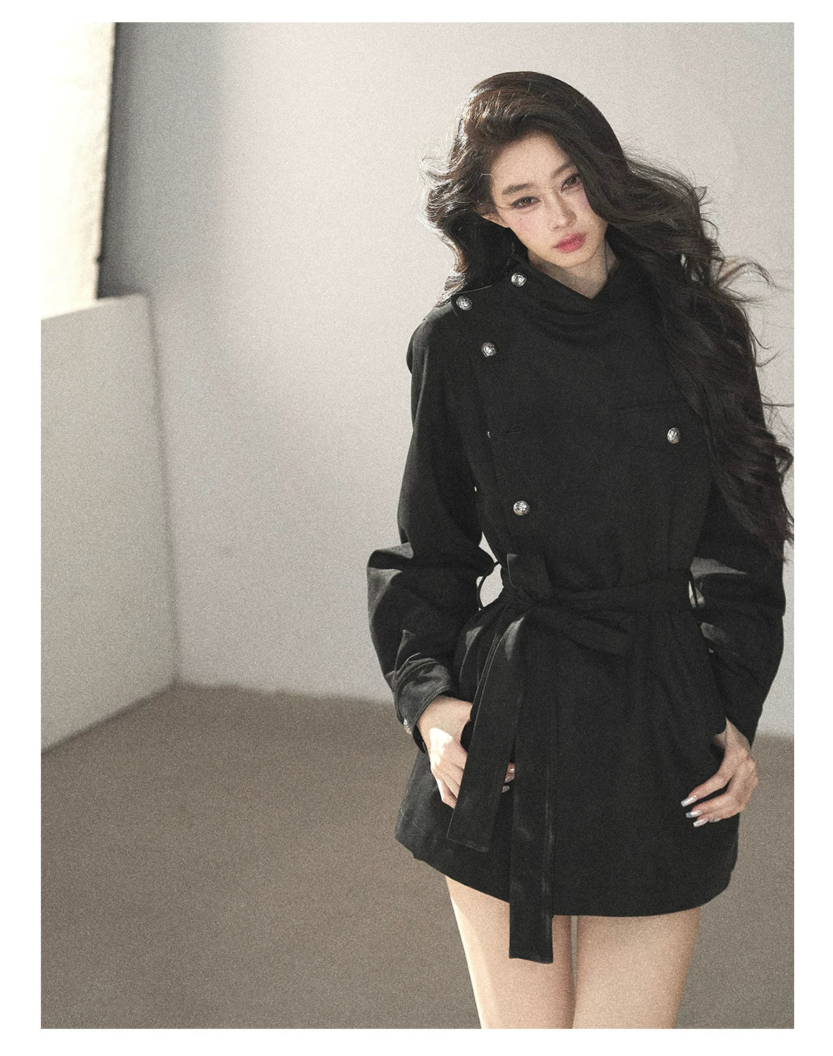 AOMALM - Black Faux-Suede Cropped A-Line Trench Coat with Belt