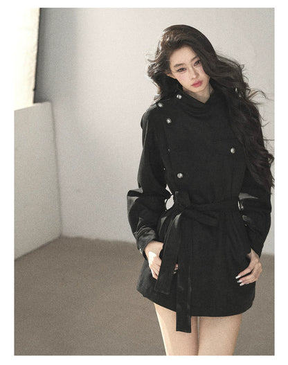 AOMALM - Black Faux-Suede Cropped A-Line Trench Coat with Belt