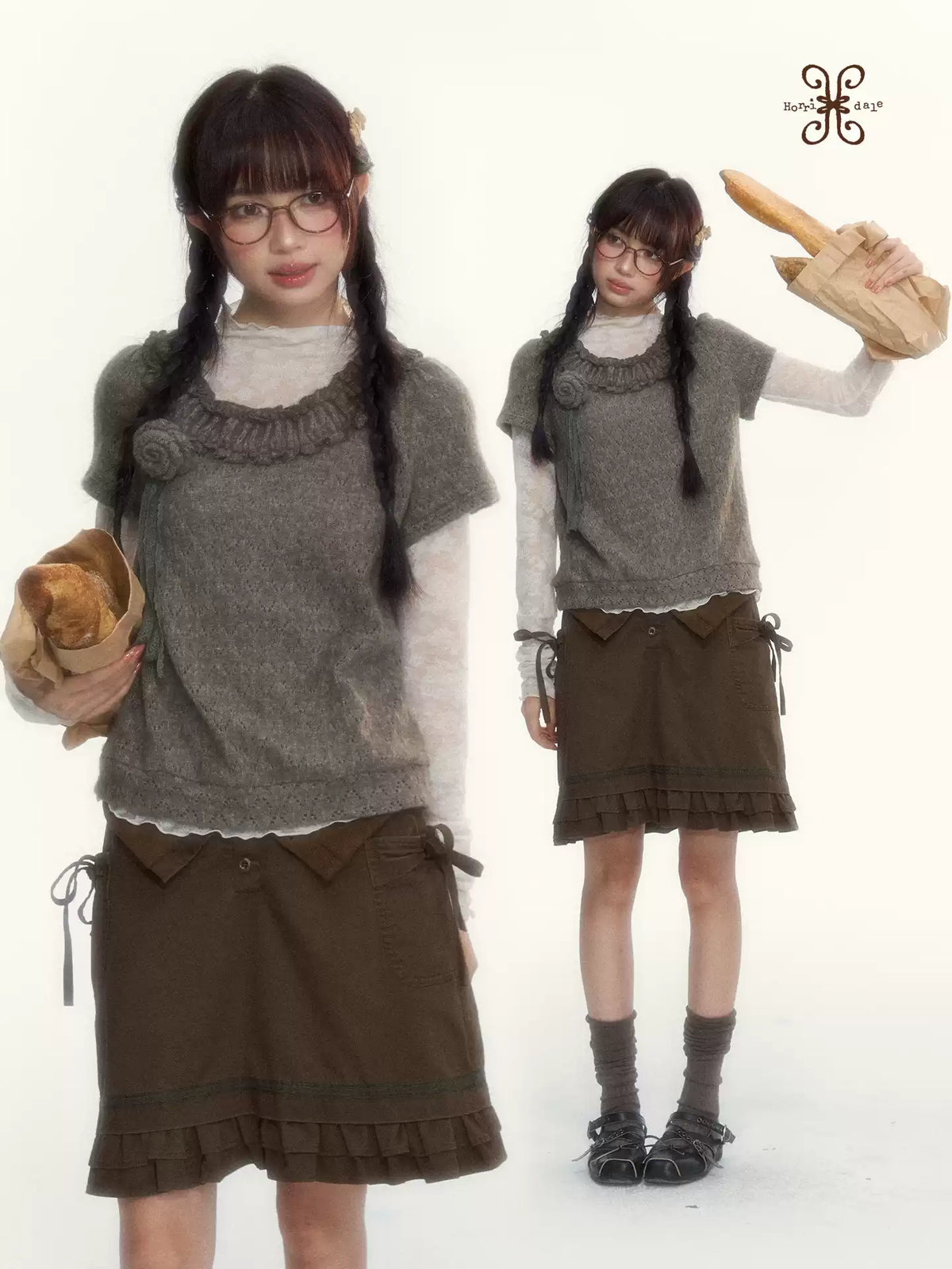 “Hazelnut Mousse” Tea Brown Vintage 3D Floral Ruffle Knit Top