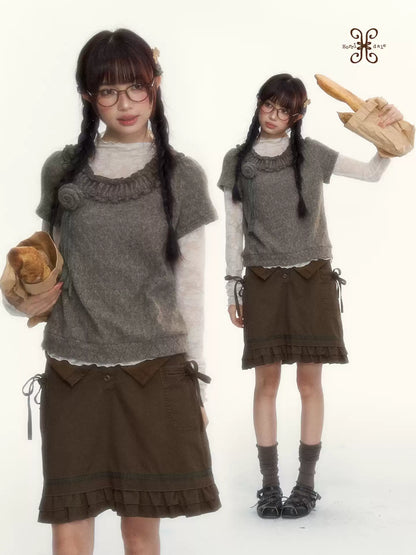 “Hazelnut Mousse” Tea Brown Vintage 3D Floral Ruffle Knit Top
