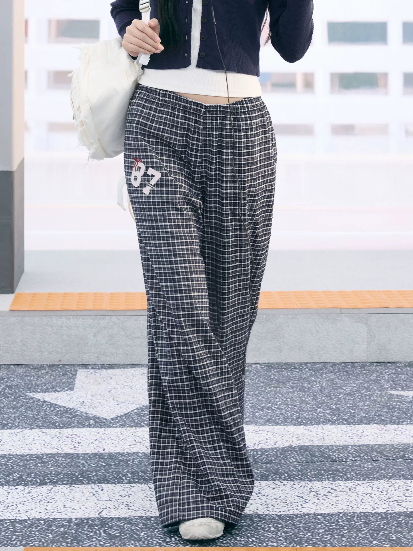 "Weekend Departure" Navy Plaid Wide-Leg Pants