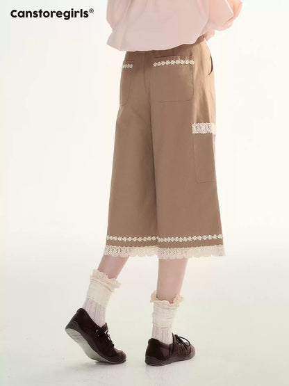 Caramel Lace Trim Cropped Straight-Leg Pants WW2026085