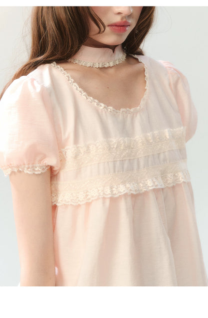 "Pink Mist Notes" Blush Pink Lace Puff Sleeve Blouse  LL2026217