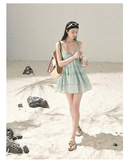 "Mossy Stone Steps" Primrose Green Tiered Cami Mini Dress