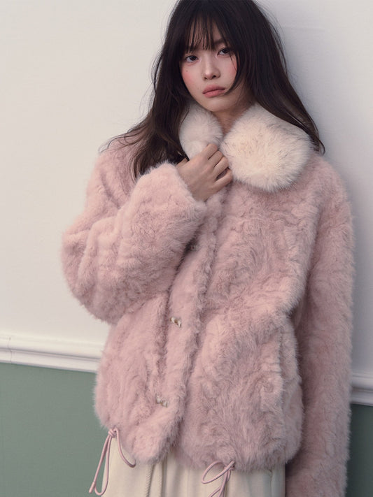 Soote Season - Cloud Pink Faux Fur Contrast Collar Cropped Jacket