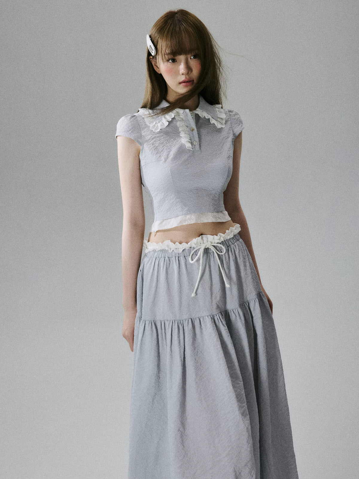 LOST FOREST - Gray Blue Fitted Top & Low-Waist Skirt Set