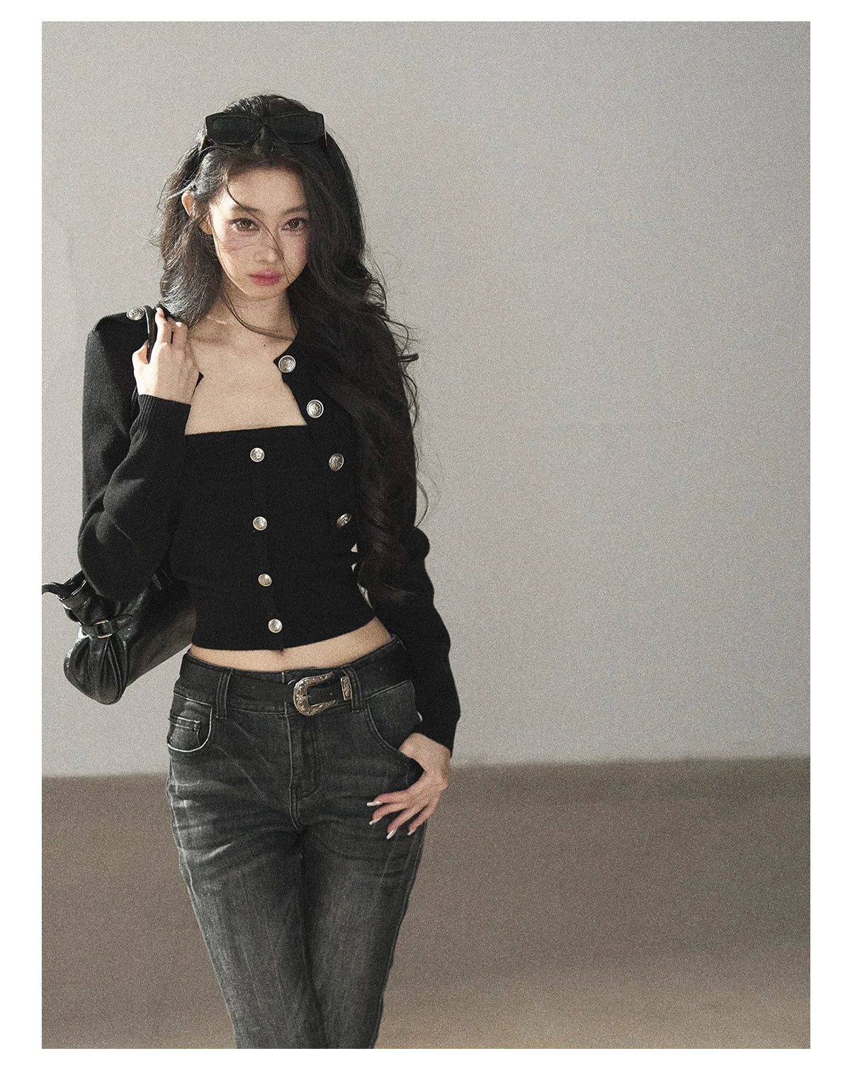 AOMALM - "You in the Night Sky" Black Cropped Knit Cardigan & Bandeau Set