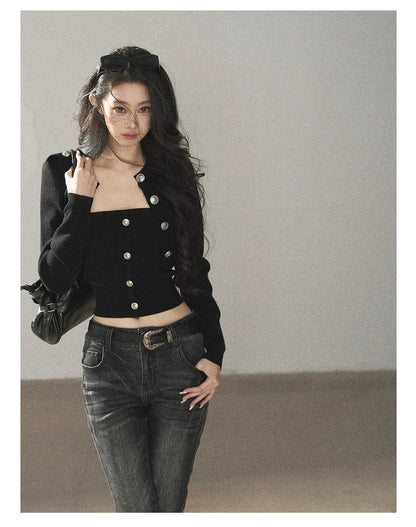 AOMALM - "You in the Night Sky" Black Cropped Knit Cardigan & Bandeau Set