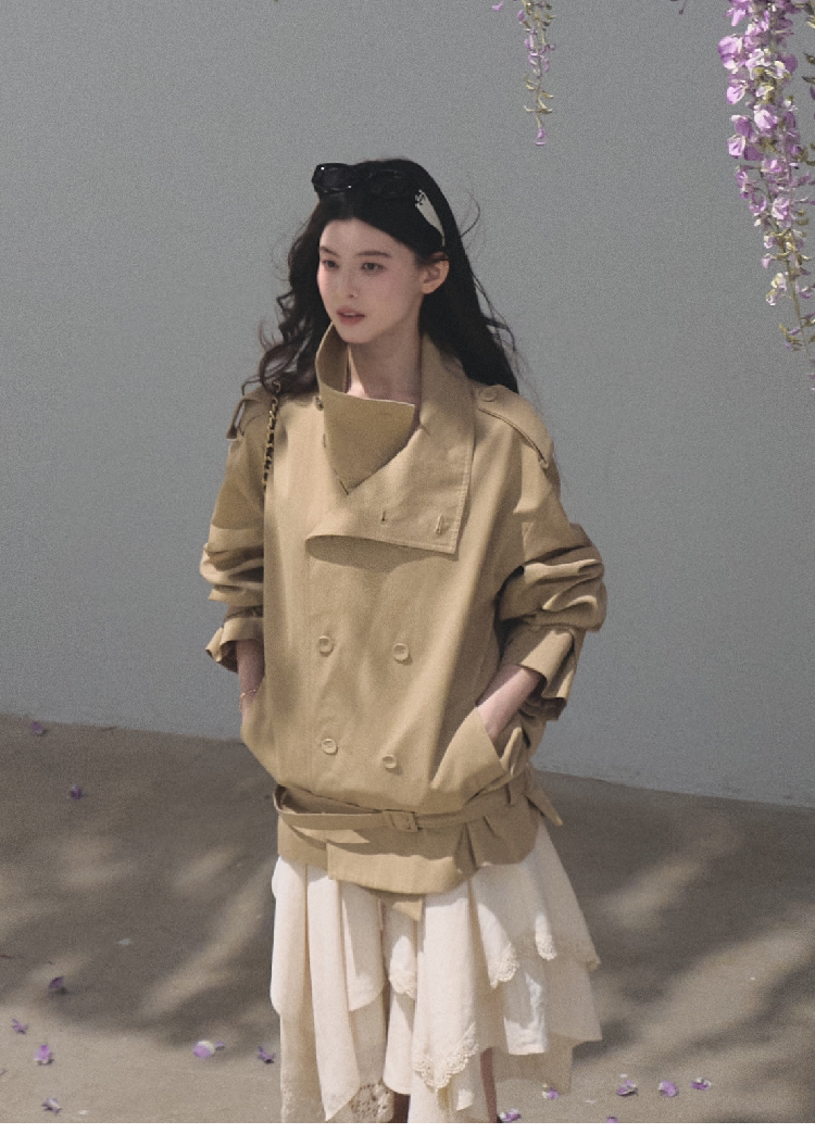 OAKMOO/ Belted Double-Breasted Trench Jacket (Deep Black / Hazel Khaki)