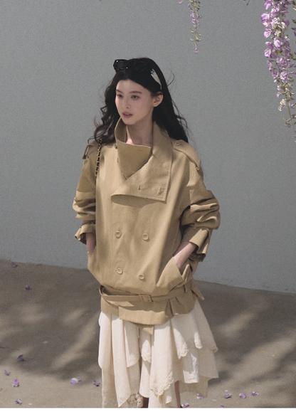 OAKMOO/ Belted Double-Breasted Trench Jacket (Deep Black / Hazel Khaki)