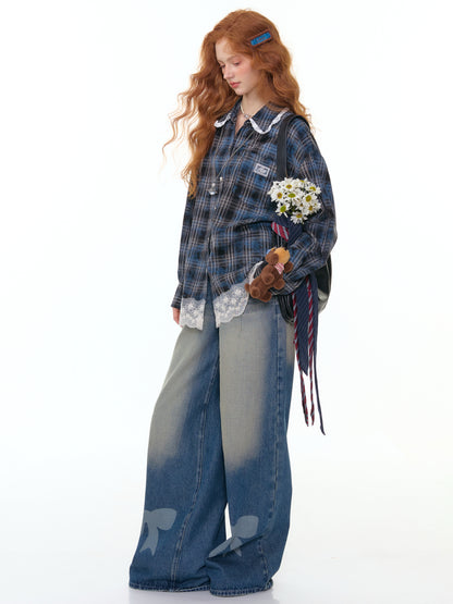 ZiziFei - Vintage-Inspired Plaid Shirt with Ruffle Lace Trim