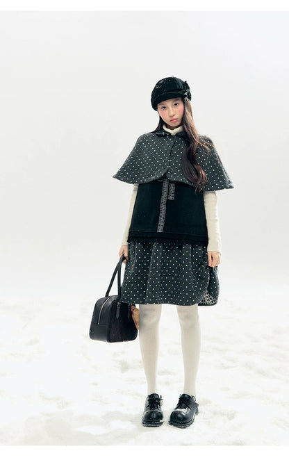 "Berlin Winter Chronicle" Black Polka Dot Capelet & Pinafore Dress Set